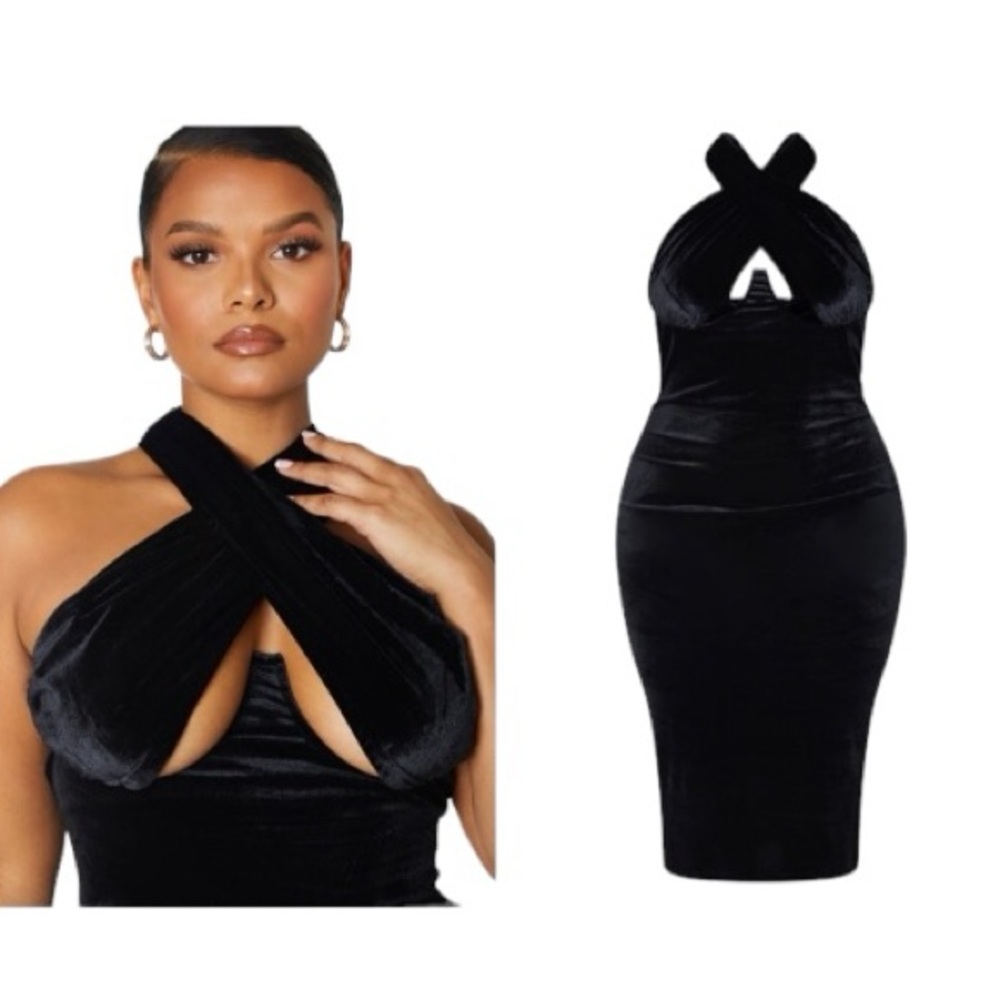 PrettyLittleThing Black Cross Halter Midi Dress